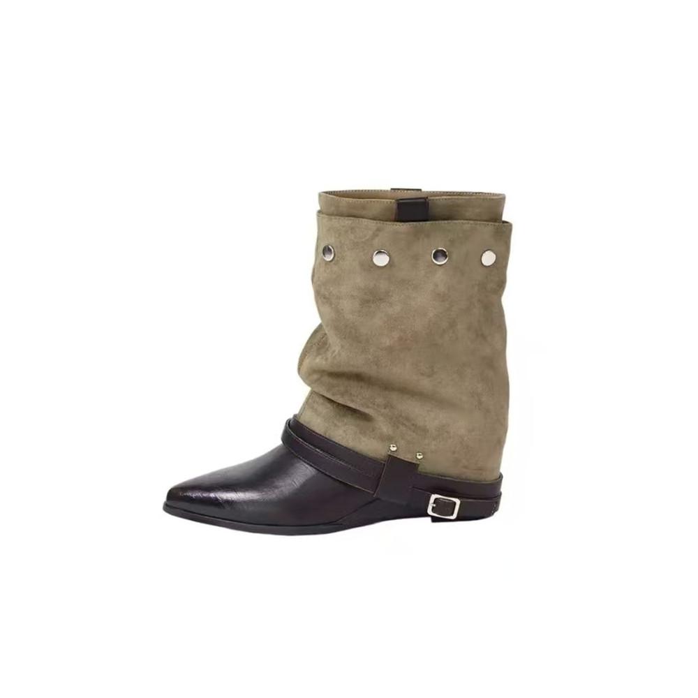 Pointed Leg Boot 2027 Fall New Retro Belt Buckle Studded Pile-Up European and American Short Boots Black Boots