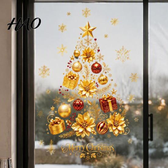 Christmas Blessings Window Art 2 Sheets Gold Clings, Static Stick Tree Snowflake Festival Theme Supplies Bauble Glass Decals, No-Glue Removable Winter