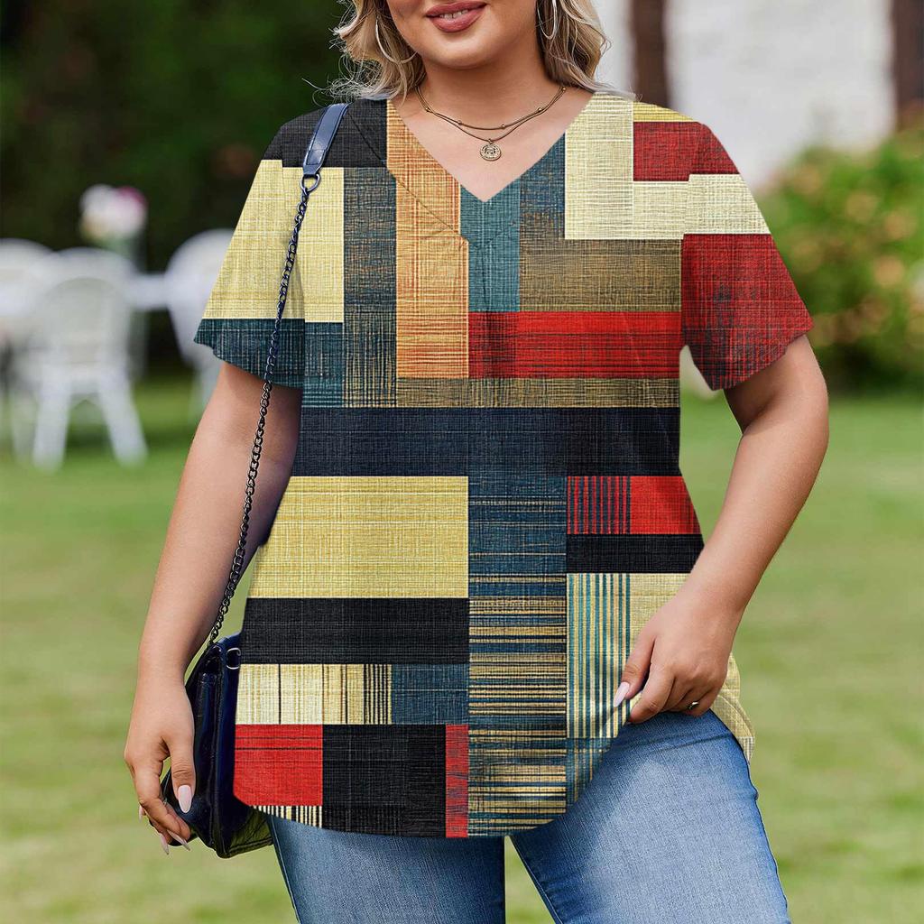 Женская модная повседневная свободная блузка большого размера с коротким рукавом, элегантная с V-образным вырезом, для работы