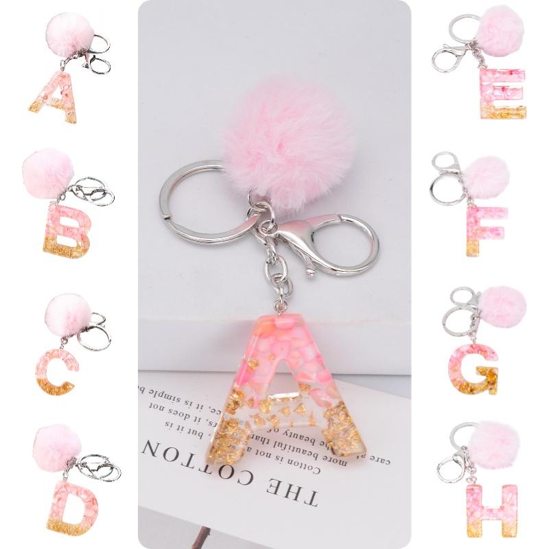 Stylish Keychain With Fluffy Ball And Gold Foil Letters Car Bag Pendant
