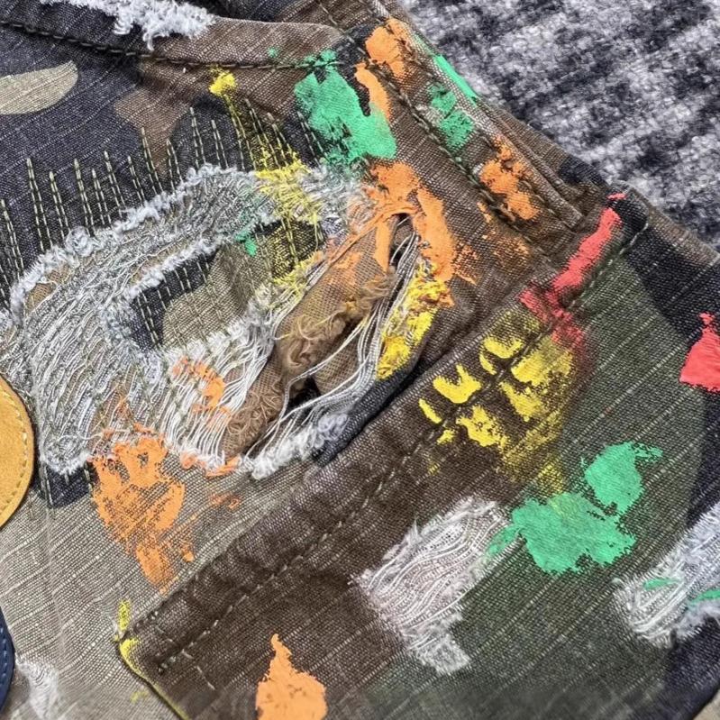 Унисекс Винтажные Камуфляжные Джинсовые Шорты Y2K Мужские Женские Монограммный Пэчворк Вышивка Мешковатые Шорты Брюки с Низкой Посадкой Повседневные Шорты