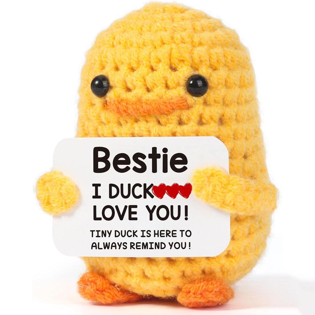 Positive Energy Duck Handmade Plush Wool Knitting Doll With Card Funny Crochet Duck Ornament Christams Gift Home Room Decoration