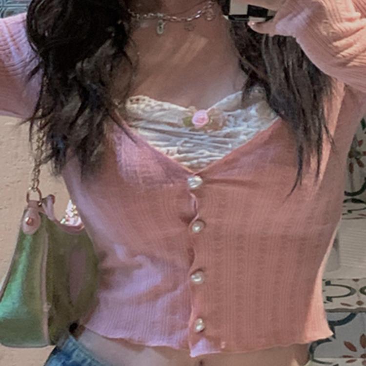 Французская девушка с v-образным вырезом, искусственная двухсекционная строчка, кружевной внутренний вязаный кардиган, футболка, женский короткий топ, осень