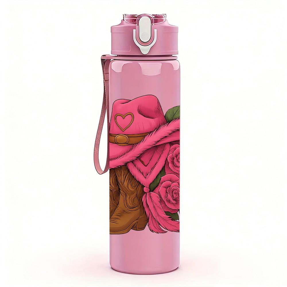 1PC Pink Cowboy Hat Rose Flower 750ml Color Plastic Sports Water Bottle Leakproof Flip Straw Lid Suitable for Sports Office Home Use
