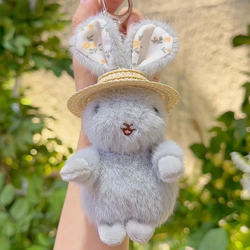 Jinnew Floral Pattern Plush Keychain With Bunny And Hat For Cute Gift Decor