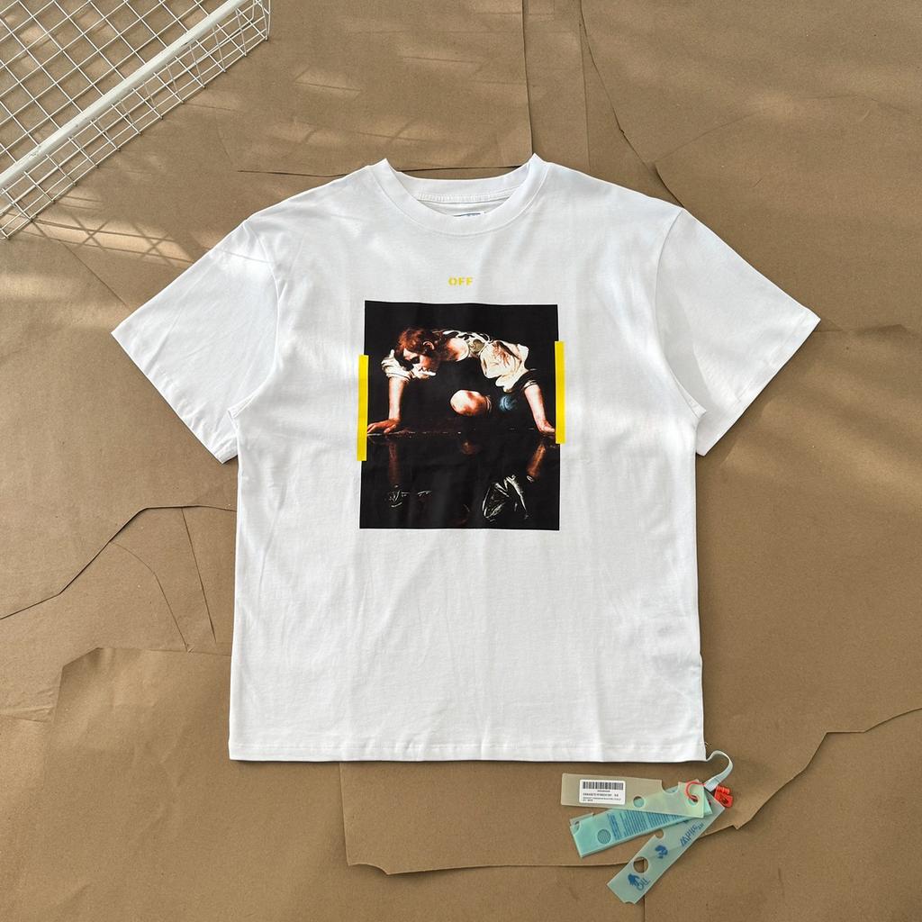 Off-White Летняя новинка 2025 года, картина маслом спереди, принт желтой стрелы сзади, футболка с короткими рукавами для мужчин и женщин, парная футболка
