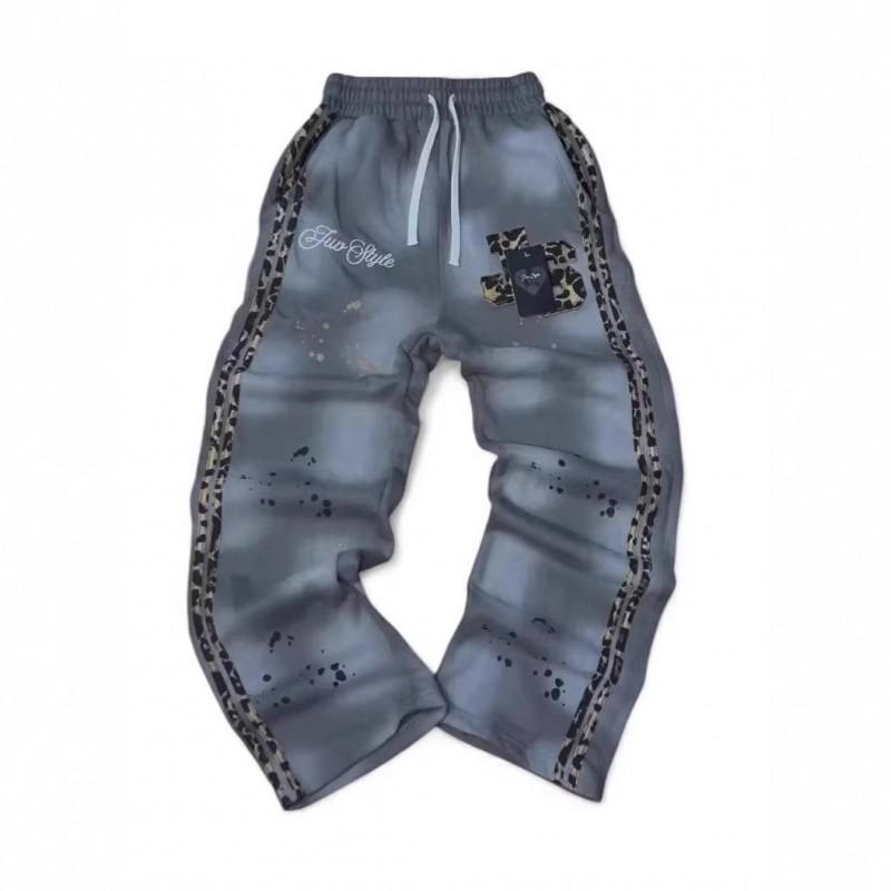 Streetwear Hoodie Pants Set Men Women Leopard Letter Zip Up Straight Leg