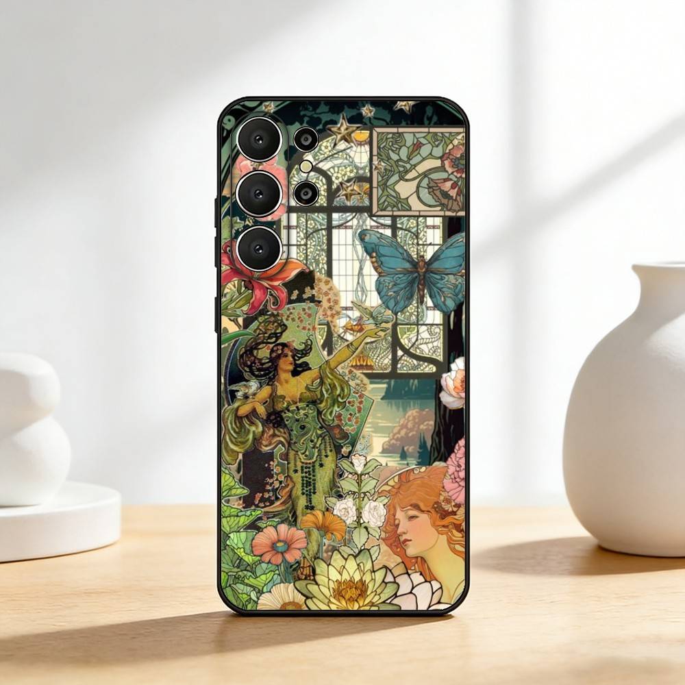 ART A-Альфонс М-Муха Чехол для телефона Samsung S26, S25, 24, 23, 22, 30, 21, 10, 9, Ultra, Plus, Lite, FE Мягкий черный чехол