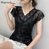 2023 Summer Sexy Lace Women Blouse V Neck Glitter Sequin Gauze Patchwork Tops Elegant Short Sleeve Slim Black T-shirt 14652