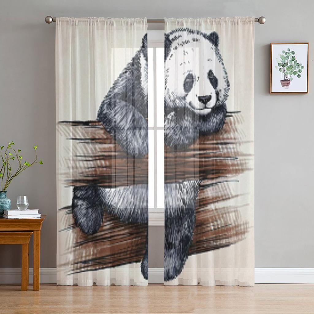 Детеныш панды, сидящий среди бамбуковых стеблей, прозрачные занавески из тюля для гостиной, спальни, кухни, вуаль, занавески из органзы