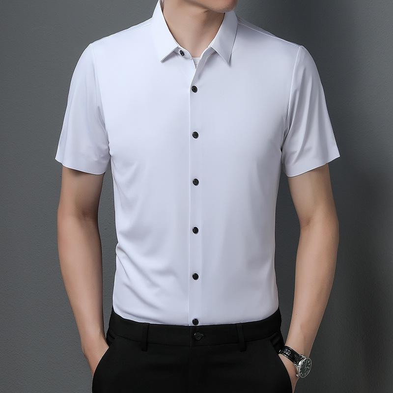 Летняя новая бесшовная рубашка с тесьмой, мужская, с короткими рукавами, модная, эластичная, однотонная, деловая, не требующая глажки, мужская рубашка