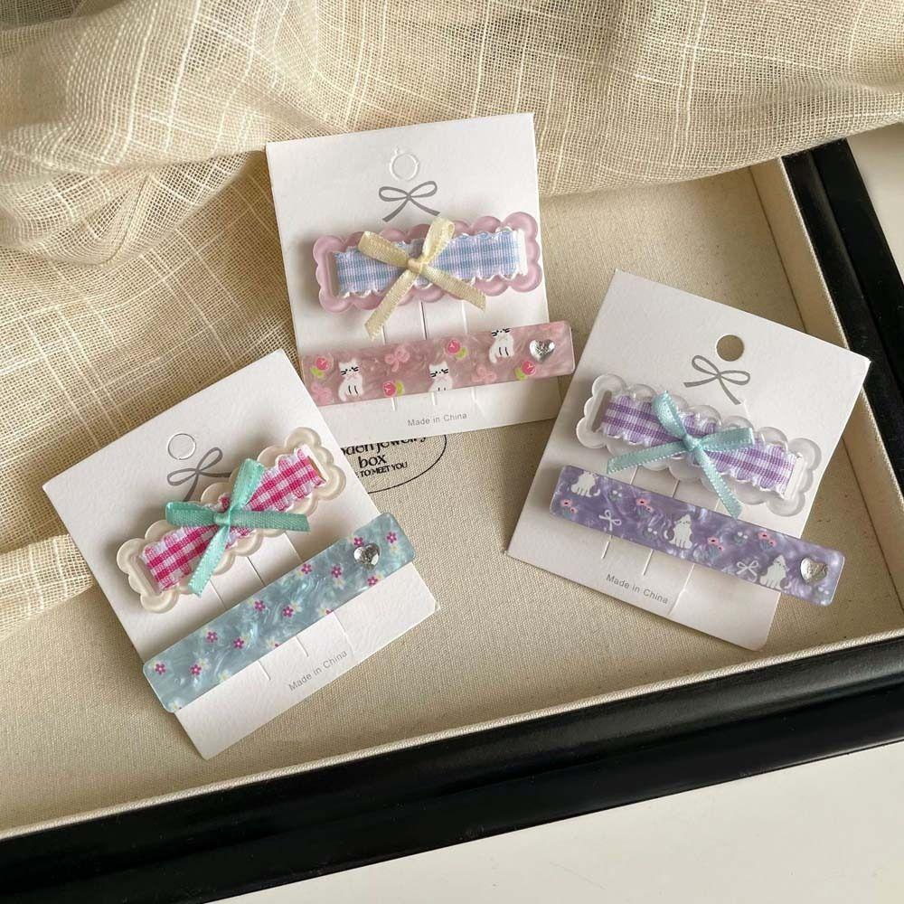 2 шт./компл. Корейский стиль Мультяшный кот Заколки-автоматы Корейская заколка для волос Бант Клетчатая заколка для волос Лето