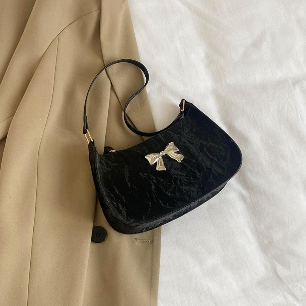 Solid Color Bow Underarm Bag Pu Leather Women's Handbag Fashionable Bowknot Armpit Bag Girls