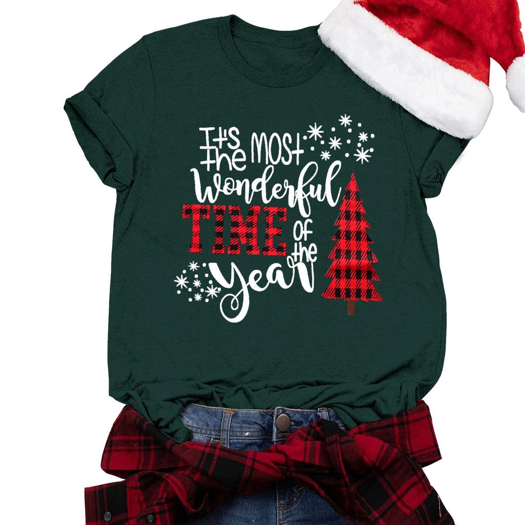 Женская футболка, повседневный свободный рождественский пуловер с круглым вырезом и коротким рукавом с принтом