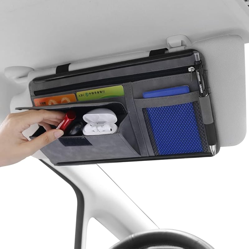 Car Sun Visor Organizer Glasses Case Storage Bag Note Holder Car Suede Zipper Card Hold Car Organizers And Storage (Black)