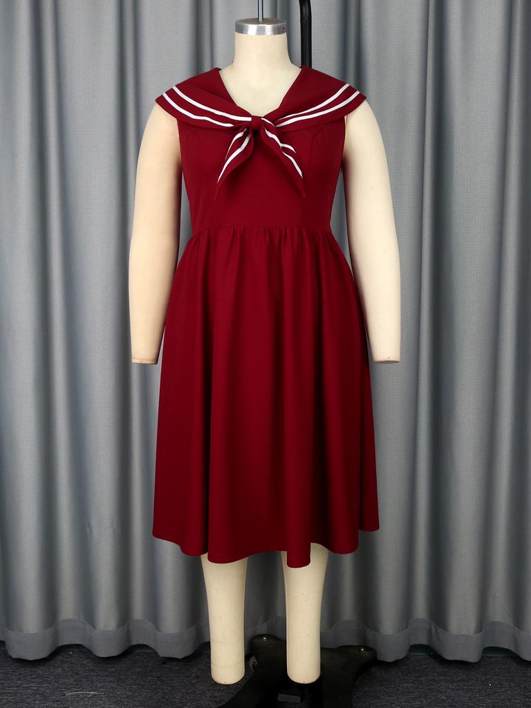 Повседневное А-силуэтное платье для женщин с матросским воротником и деталью в виде галстука-бабочки, без рукавов, плиссированное миди-дизайна, элегантный винтажный стиль, летние повседневные наряды