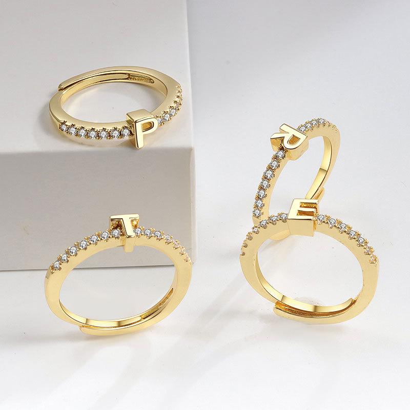 26 english alphabet rings for women, minimalist style 18k gold plated micro-paved zircon letter rings