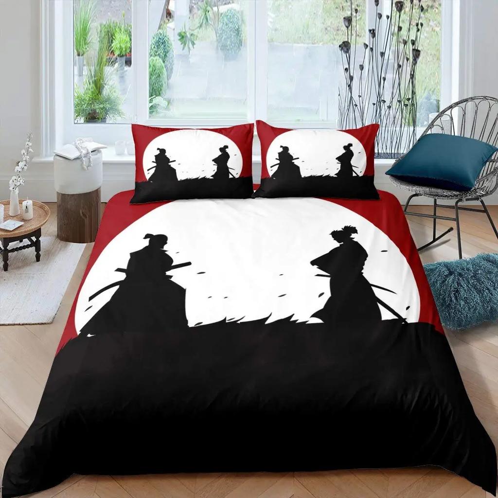 Japanese Samurai Bedding Set, Japan Sunset Landscape Building Silhouette Duvet Cover For Men Teens, Black Red