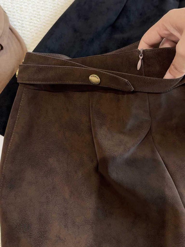 Европейская замшевая А-силуэта женская приталенная короткая юбка - Осенний универсальный стиль