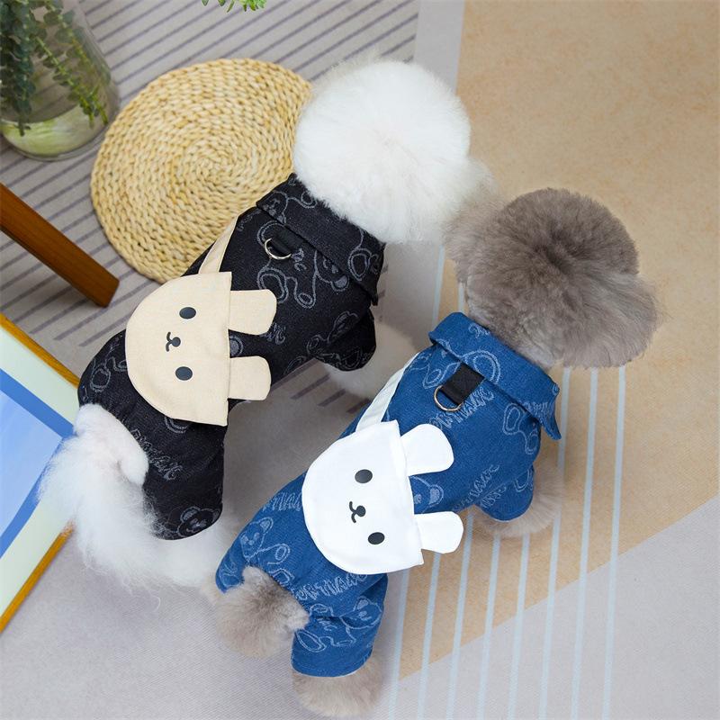 Autumn and Winter Dog Cowboy Four Leg Cotton Coat Cute Bear Backpack Teddy Bear Small Dog Cat Pet Clothes Dog Jumpsuit