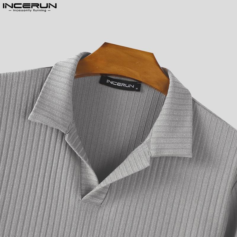 INCERUN Осень Зима Мужские Пуловеры Топы с Лацканами, Длинным Рукавом, Повседневной Текстурой в Рубчик