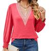 Solid V-neck Top for Women Gold Lace Patchwork Loose Long Sleeve T-shirt