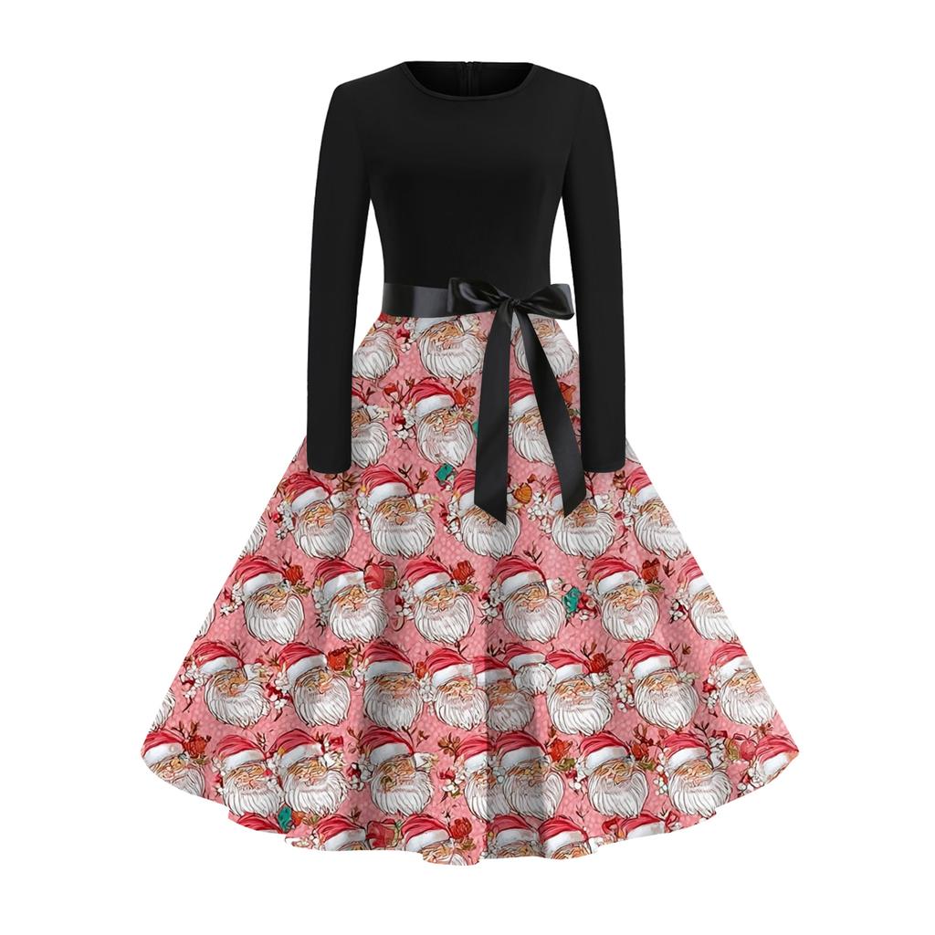 Женское модное и элегантное осенне-зимнее платье с длинным рукавом и круглым вырезом с рождественским принтом