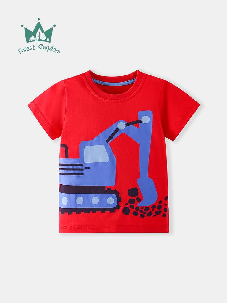 Spring/Summer Cartoon Excavator Short-Sleeve Children's T-shirt, Round Neck, Sizes Small/Medium
