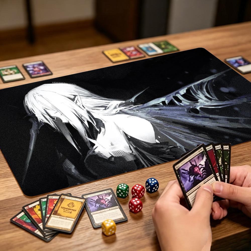 Monochrome WhiteHaired Warrior Large Game Mat NonSlip Rubber Playmat Dark Fantasy Silhouette For Trading Card Tabletop Gaming