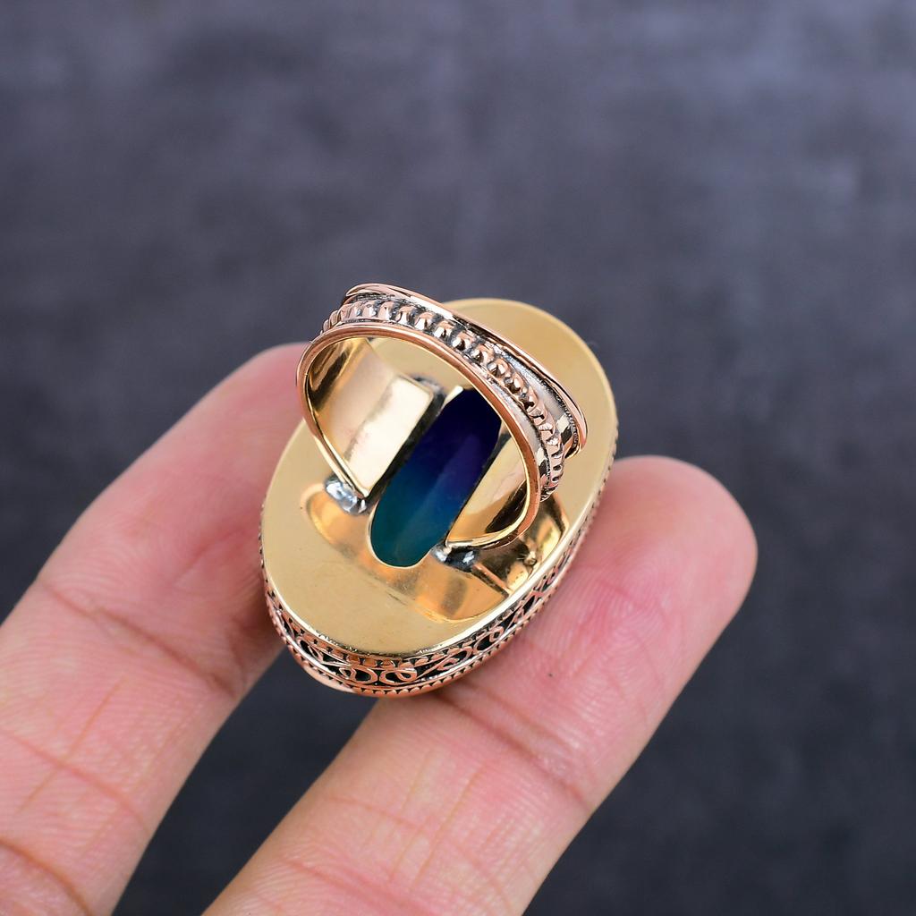 Natural Bi-Color Tourmaline Gemstone Handmade Copper Jewelry Ring Size 8 W3n69