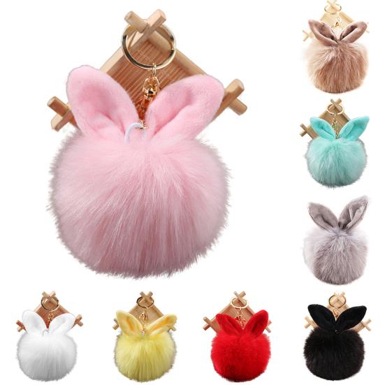 Cute Faux Fur Rabbit Ear Soft Pom Pom Ball Key Ring Chain Keychain Bag Decor