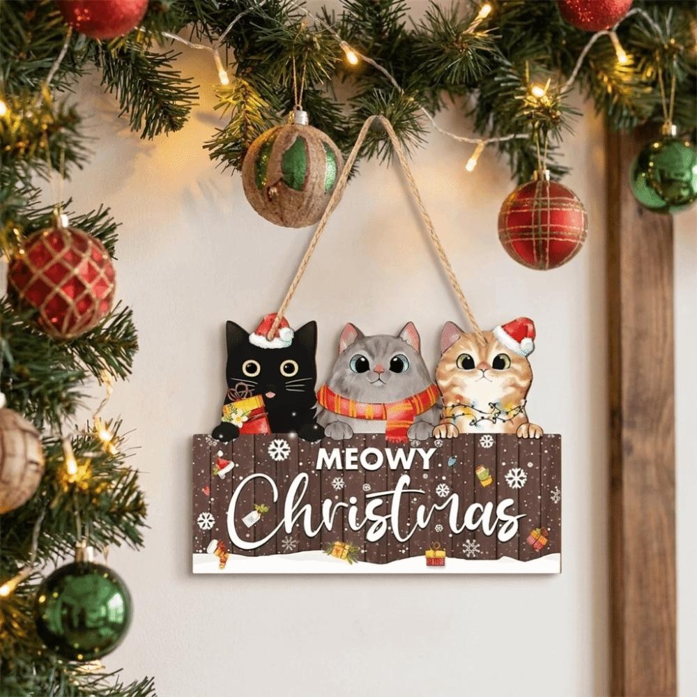 2D Flat Christmas 3 Kitten Hanging Board Wooden Cat Hanging Ornament Living Room