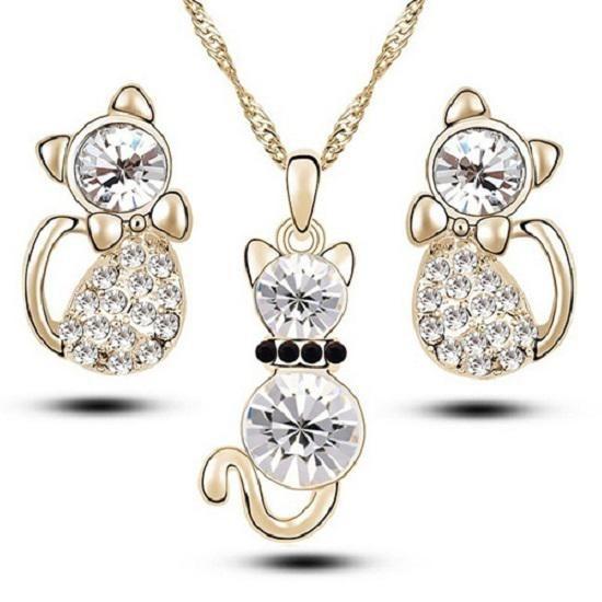 Crystal Cat 3pcs Shaped Necklace Earrings Jewelry Set  Gift Teen Girls Women For