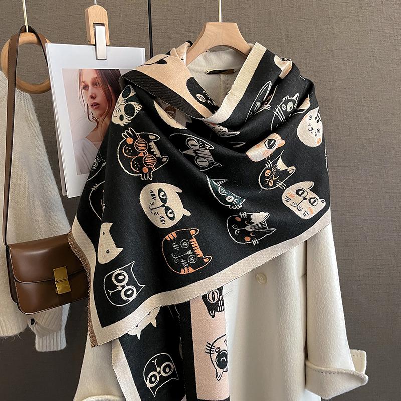 Autumn and Winter Travel Warm Cashmere Shawl Scarf Fashion Women Cat Print Pashmina Blanket Wraps Female Cute Poncho Bufanda