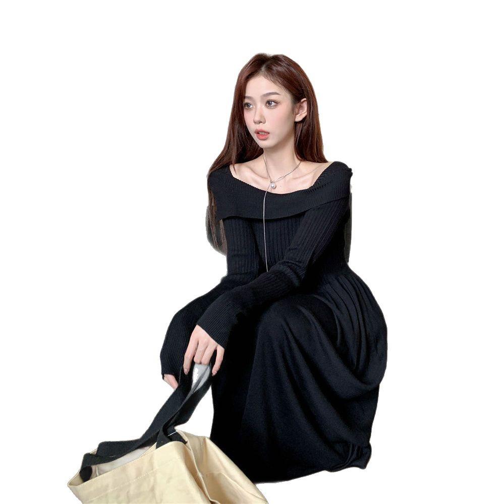 Женское французское трикотажное платье-свитер с длинным рукавом на одно плечо, приталенный осенне-зимний стиль