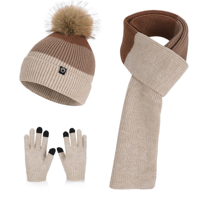 Children's hats, scarves, gloves, three-piece set, winter boys and girls outdoor velvet warm ear protectors, knitted wool hats