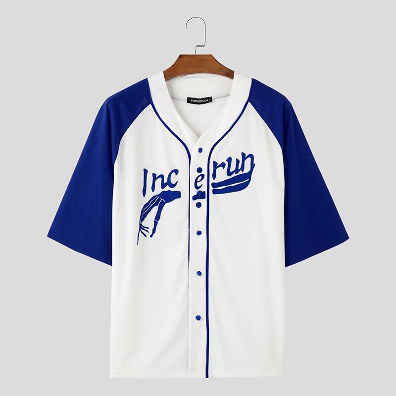 INCERUN Мужские повседневные летние футболки без воротника с коротким рукавом и буквенным принтом