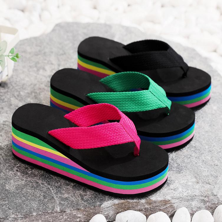 Ladies' Slope Heel Flip Flops, Rainbow Sole Flat Slip In Shoes, Casual and Lightweight Summer Beach Shoes