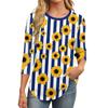 Women's Casual Round Neck Slim Sunflower Print Pleated Seven Sleeve Top