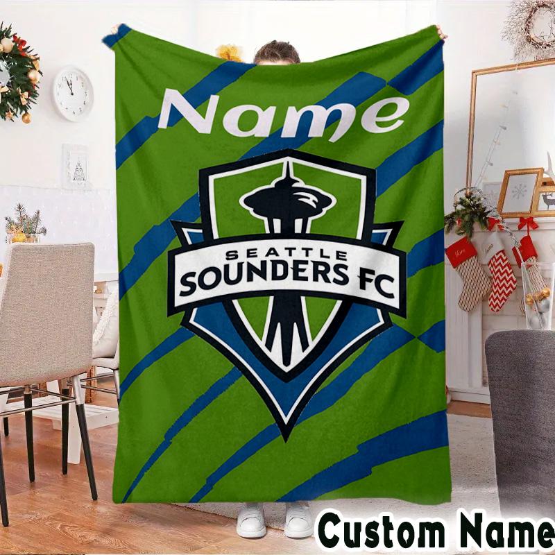 Custom Name Sounders FC Crest Throws Blanket Flannel Blankets for Couch Bed Gifts for Men Women Picnic blanket Christmas fan gifts