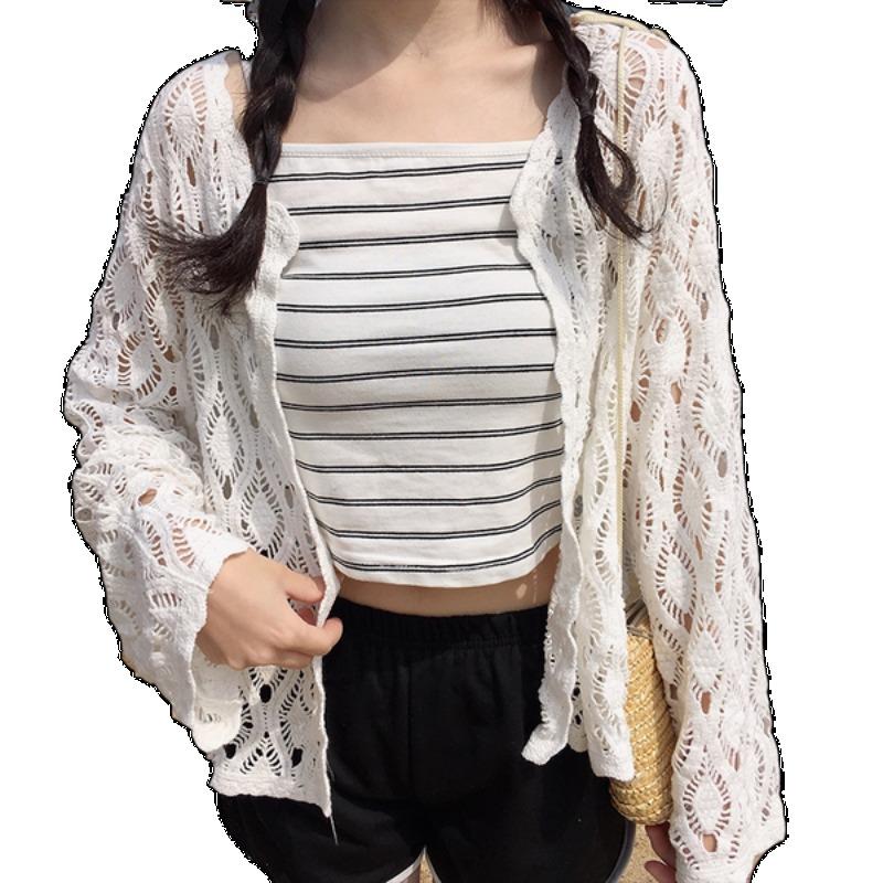 Вязаный кардиган с кондиционером, женская летняя одежда с рукавами, новая свободная шаль с полым верхом из сетчатого отверстия, солнцезащитная куртка