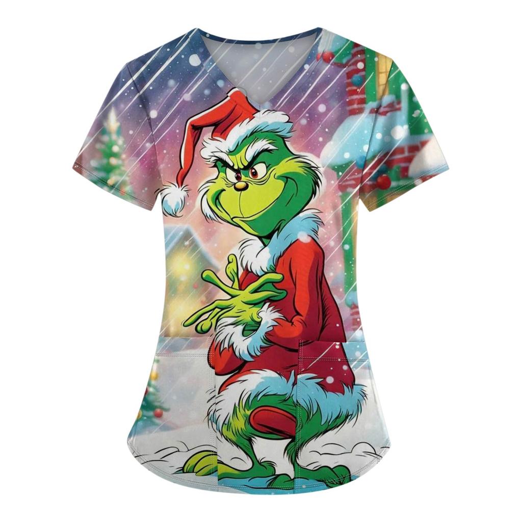 Women's Fashion Printed Short Sleeve V Neck Pattern Tops Pocket Working T-shirts