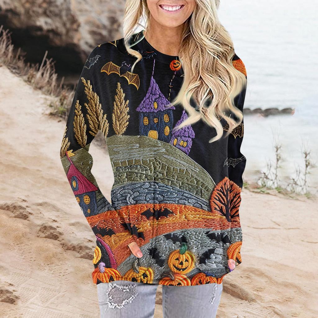 Женская модная повседневная футболка с круглым вырезом и принтом, длинными рукавами и карманами