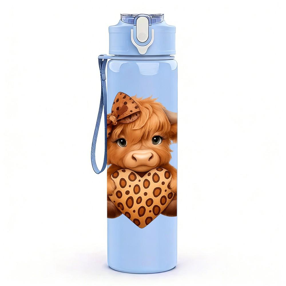 1PC Highland Cow Leopard Fur 750ml Color Plastic Sports Water Bottle Leakproof Flip Straw Lid Suitable for Sports Office Home Use