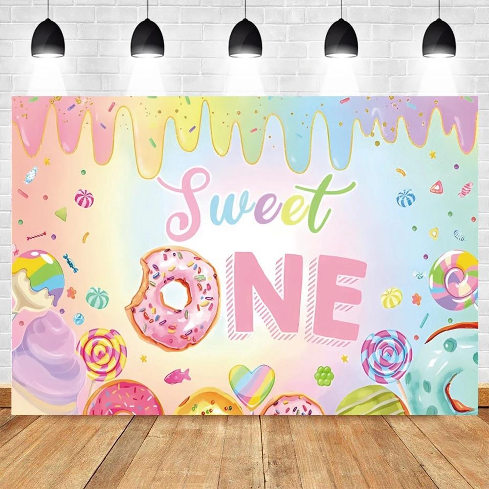 Newborn Baby First Birthday Backdrop Ice Cream Donuts Paper Cupcake Lollipop Sweet Cake Smash Baby Shower Party Photo Background