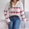 Autumn Winter Vintage Loose Long Sleeve Top Heart Print Cardigan Knitwear V-Neck Sweater