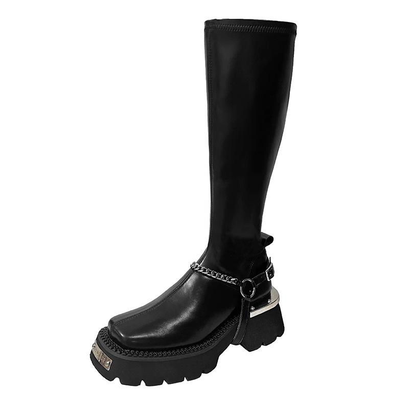 Sexy Tall But Knee-thin Boots Women's Autumn and Winter New Thin Thick Heel Metal Square Head Knight Boots