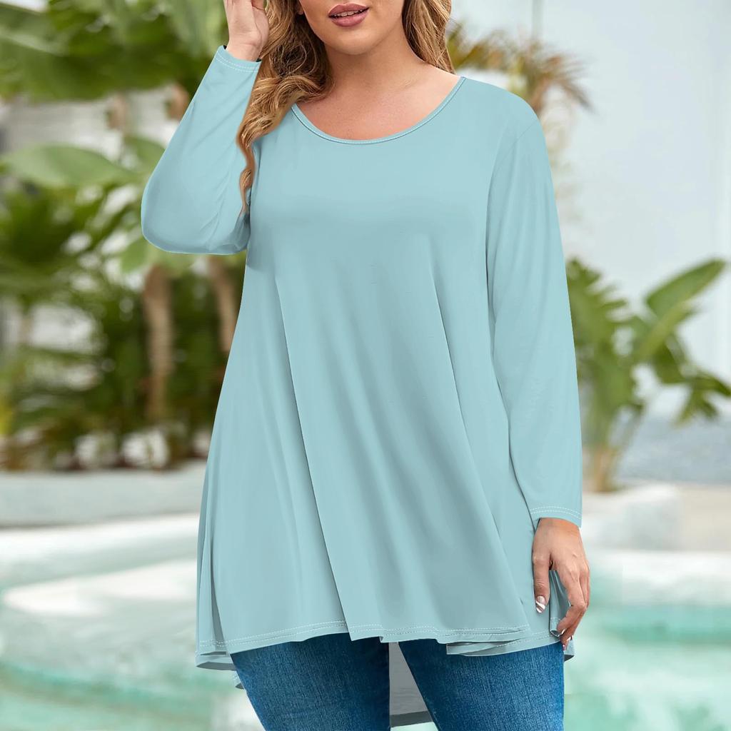 Women's Fashion Large Size Round Neck Long Sleeve Casual Solid Color Loose Pullover Top