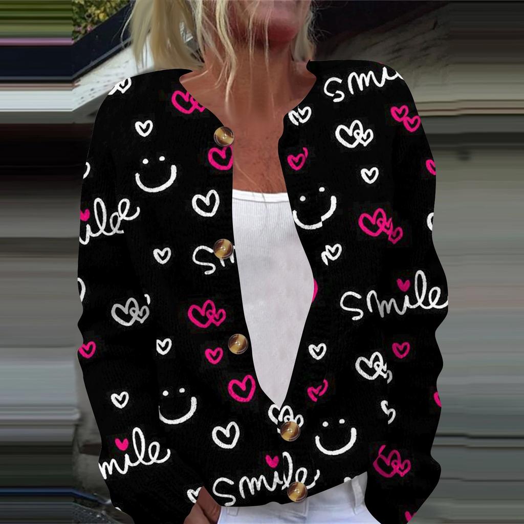 Женская модная принтованная ко Дню святого Валентина трикотажная куртка-кардиган с длинными рукавами на пуговицах
