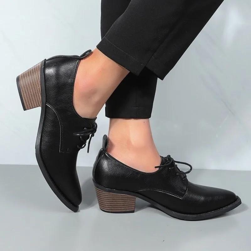 Мода 2025Новые весенние женские туфли из спилковой кожи с острым носком, на каблуке, на шнуровке, лоферы, женские туфли, французские ретро повседневные туфли